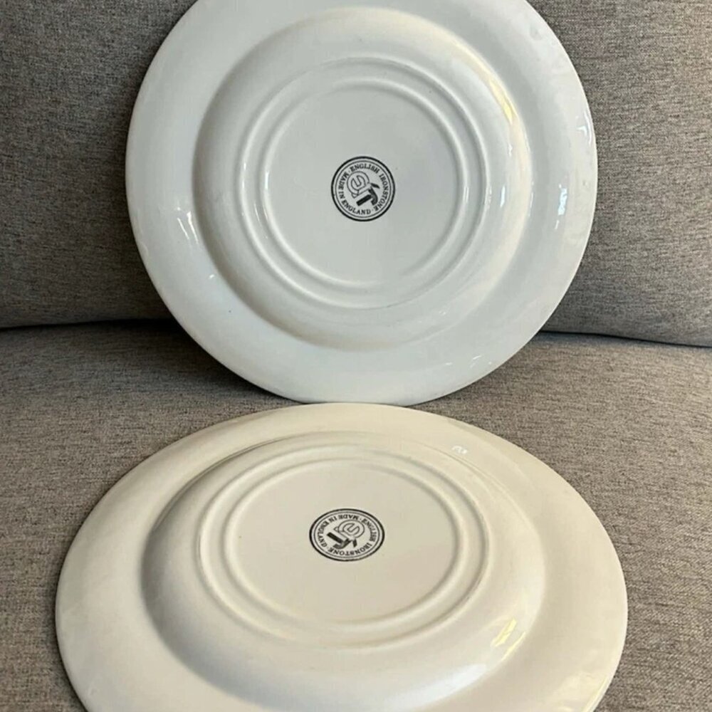 Pair of English Ironstone Blue & White Fruit & Leaves Dinner Plates - Picture 4 of 5